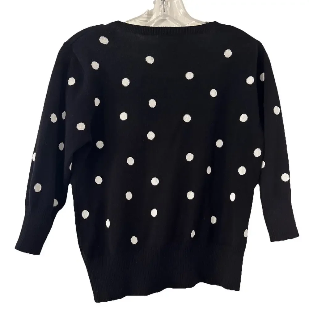 Talbots Petites Polka Dot Button Front Cardigan Size P/XS Black White Career